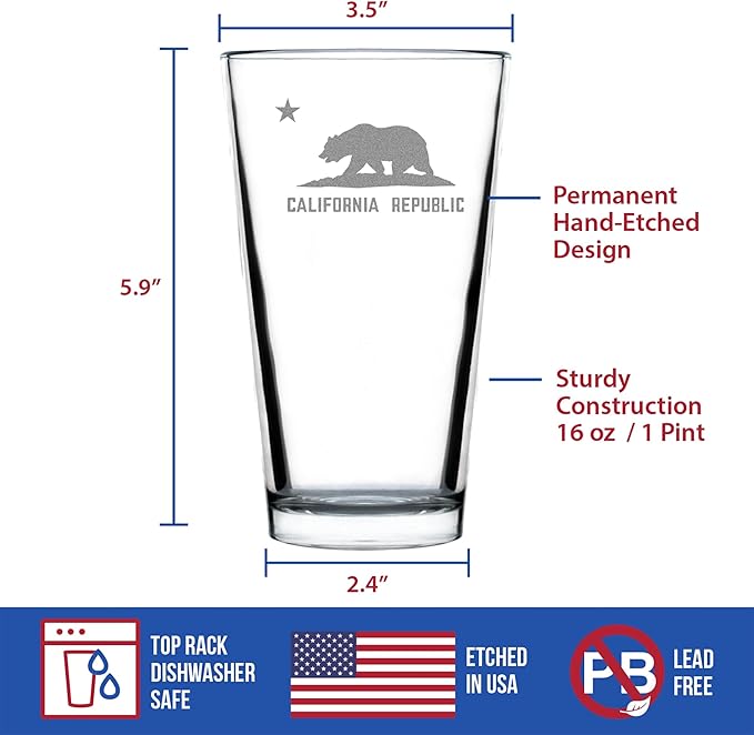 Custom California Flag Pint Glass for Beer - State Themed Drinking Decor and Gifts for Californian Women & Men - 16 Oz Glasses