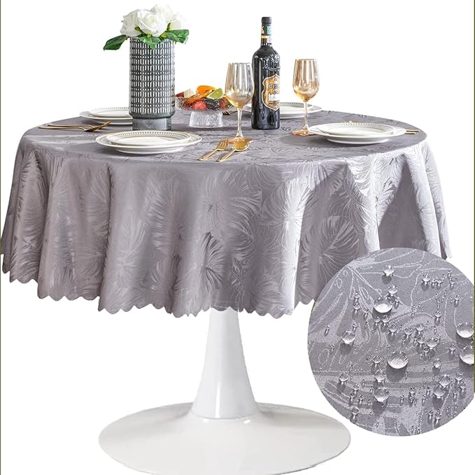 Round Tablecloth 80 Inch Fabric Table Cloth Leaves Pattern Scalloped Edge Silky Soft Tablecloth Waterproof Wrinkle Resistant Washable Table Cover Dinning Party Banquet Decoration (Grey)