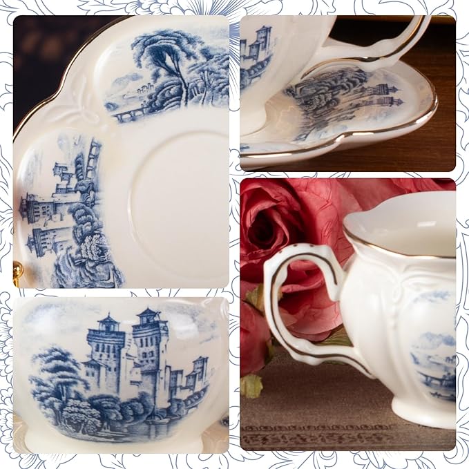 KAMMAK Tea Cups and Saucers Set of 2, Porcelain Coffee Cups, 8-Ounce Stackable Espresso Mugs, Ceramic Demitasse for Coffee, Latte, Americano, Tea, Retro Blue