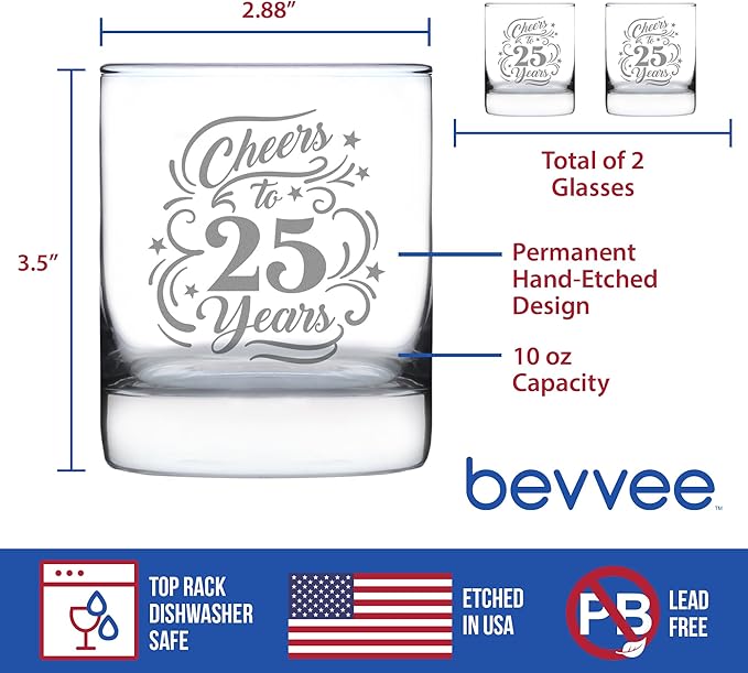 Bevvee Cheers to 25 Years - Whiskey Rocks Glass Gifts for Women & Men - 25th Anniversary Party Decor - Set of 2-10.25 Oz Glasses