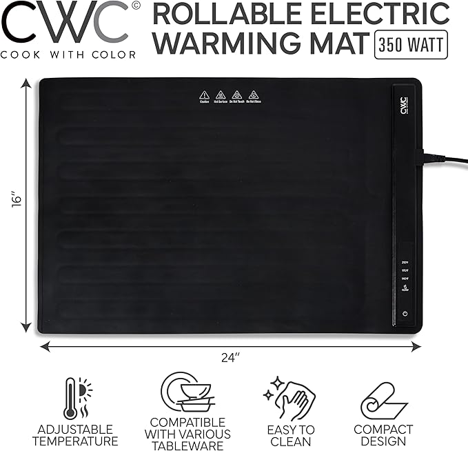 COOK WITH COLOR 350W Electric Food Warming Mat - Portable Food Warmer Tray with Adjustable Temperature, Fast 60-Second Heating, Auto Shut-Off, Rollable Silicone Pad for Parties & Everyday Use, Black