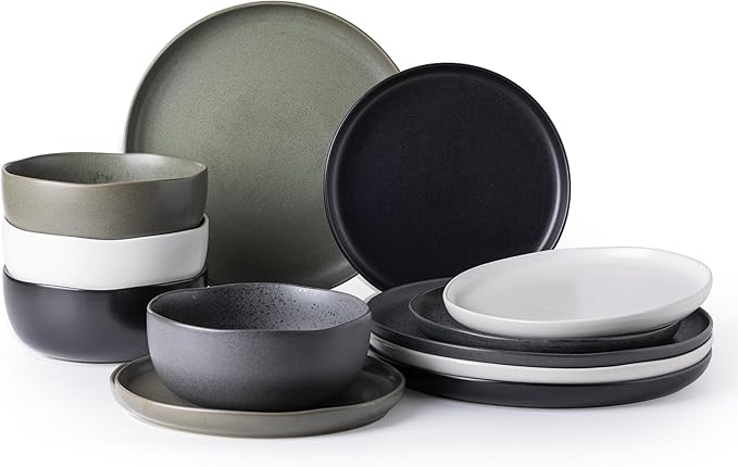 AmorArc Ceramic Dinnerware Sets, Wavy Rim Stoneware Plates and Bowls Sets,Dishwasher & Microwave & Oven Safe Dishes set, Service for 4 (12pc)-Mix Color