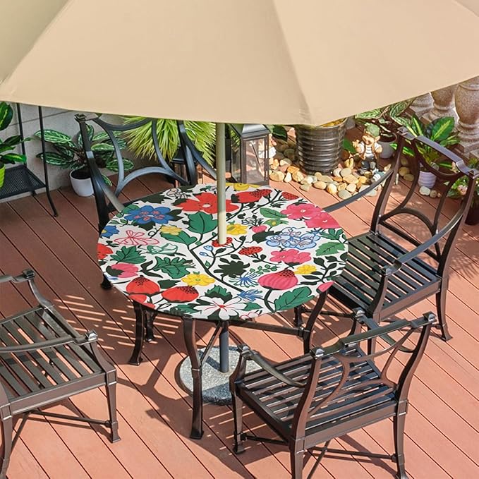 Outdoor Round Tablecloth with Umbrella Hole, Colorful Flower Fitted Table Cloth with Elastic 45"-56" Waterproof Oil-Proof Circle Patio Table Cover for Picnic Camping Party