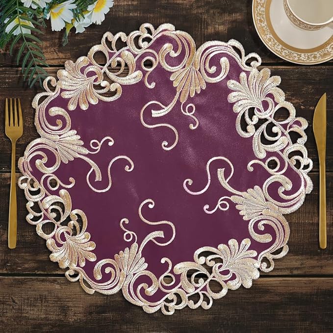 Decozen Set of 8 Doilies for Table, Lace Doilies - Rustic, Crochet, Farmhouse, Kitchen, Dining Table Centerpiece Decor - Round Christmas Placemats - 15 inch Gold Burgundy, The Chantelle Collection