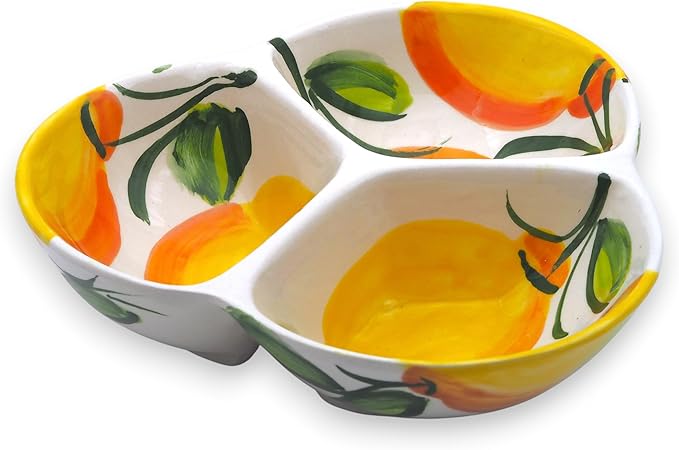 Ceramic Chip & Dip Bowl 7.5”, 3-Compartment Divided Serving Dish & Condiment Tray for Appetizers – Handmade in Spain, Lead-Free Glaze, Microwave, Oven & Dishwasher Safe