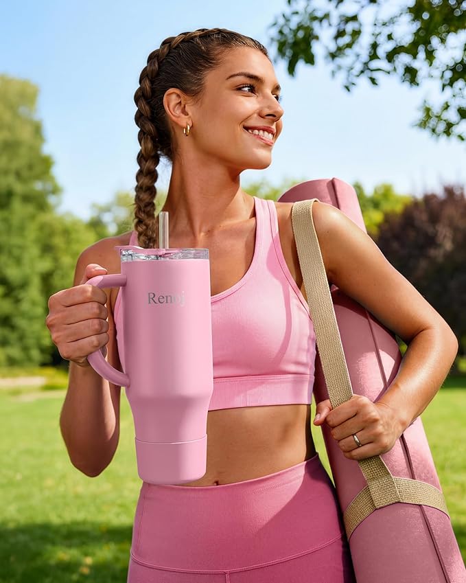 Renoj Tumbler with Handle 100% Leak Proof Insulated Water Bottle for Iced Coffee & Hot Drinks - Fits Car Cup Holder, Ideal Gift, 2 Straws & Silicone Boot BPA-Free - SnapShift Pink 40 oz