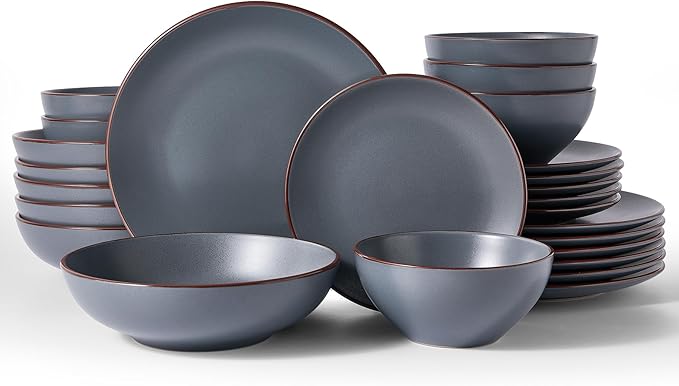 Famiware Venus Speckled Dinnerware Set with Pasta Bowls, Service for 6 (24 Pieces), Stoneware Plates and Double Bowls Sets, Microwave & Dishwasher-Safe Dishes with Trim, Matte Charcoal