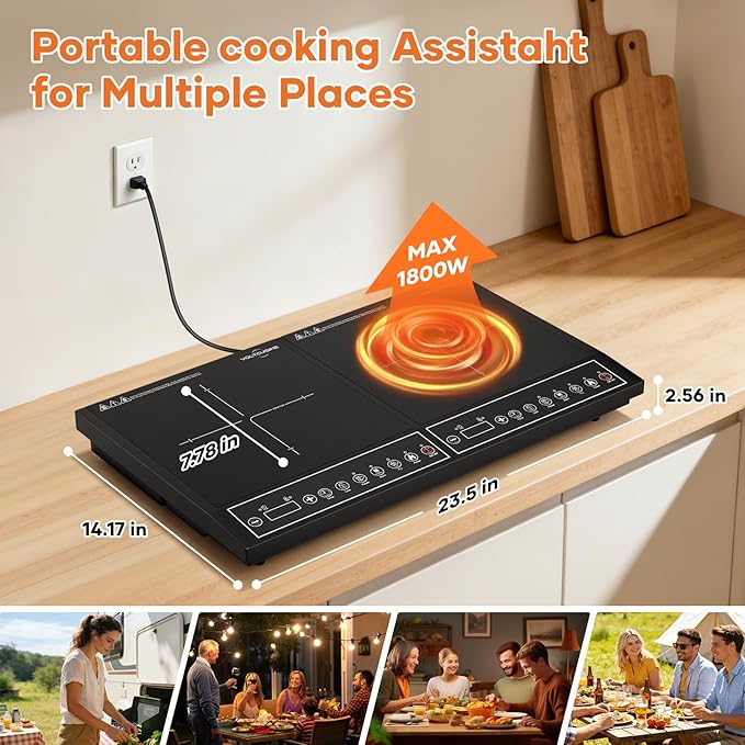 24 Inch Double Induction Cooktop, Button Control, 1800W Power Sharing, Low Power Continuous Heating, Portable Countertop Electric Cooker