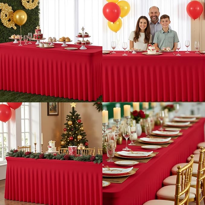 6 Pack Red Rectangle Tablecloth with Elastic Table Skirt – 6FT Fitted Spandex Table Cover, 72 Inch Wrinkle-Resistant & Stretchable for Christmas Wedding Banquet Party Buffet Restaurant