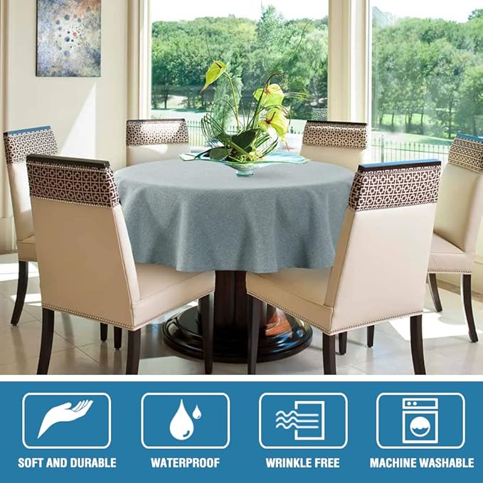 H.VERSAILTEX Linen Textured Tablecloth Round 70 inch Waterproof Decorative Table Cloth Spill-Proof Linen Look Cover for Party Table Extra Soft and Thick Fabric Wrinkle Free, Heather Aqua Gray