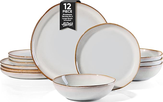Herogo Stoneware Dinnerware Sets, 12 Piece Dinner Dishes Set for 4, Ceramic Plates and Bowls Dishware, Tableware Includes Dinner Salad Plates, Soup Bowls, Microwave & Dishwasher Safe, Pearl White