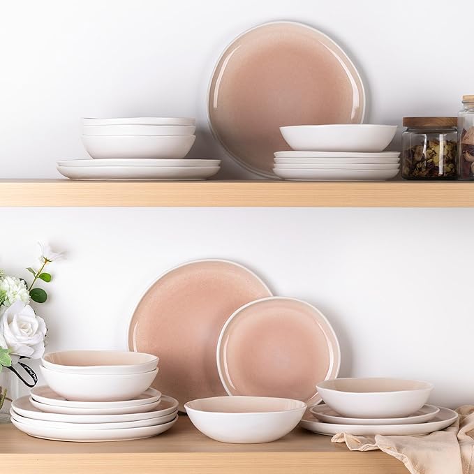 AmorArc Ceramic Dinnerware Sets,Handmade Reactive Glaze Stoneware Plates and Bowls Sets,Highly Scratch Resistant | Dishwasher & Microwave Safe Dishes Set,Service for 6 (18pc)-Pink