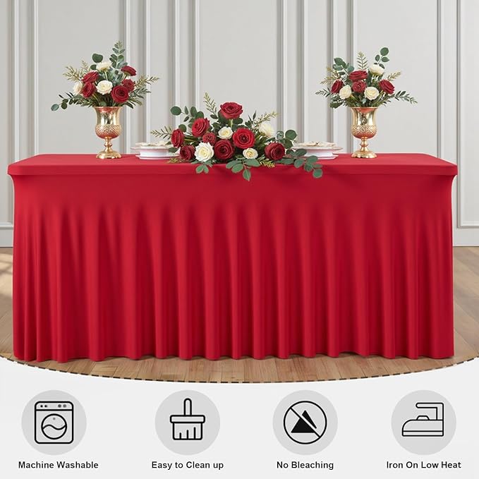 Red Spandex Tablecloth with Skirt for 6FT Tables – Wrinkle-Free, Stretch Fitted Elastic Cover – Rectangle Table Cloth for Christmas Banquets Parties Buffets Restaurants