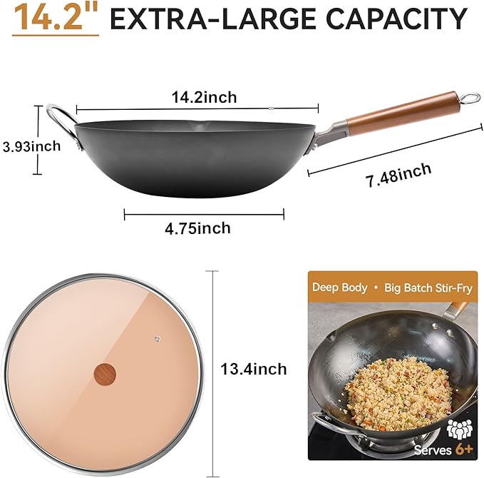 WANGYUANJI Carbon Steel Wok 14.2", Large Nitriding Flat Bottom Stir Fry Pan with Lid, No Chemical Coating Rust Resistant Iron Skillet for Induction Electric Gas Stoves, Big Capacity Serves 6+