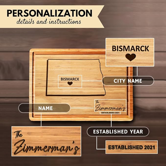 Destination Cutting Board North Dakota Gifts, Personalized Wooden States Decor, Bamboo State Cutting Boards - Map Decor for Home, USA Gifts