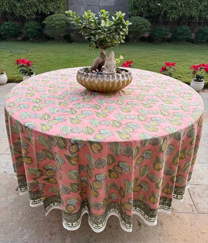 Ridhi Block Print Round Salmon Pink Reusable Tablecloth 100% Cotton 60" Inch Decorative Table Cover eveyday Dining, Home, Party, Wedding, Farmhouse Gift for Spring, Easter, Valentine