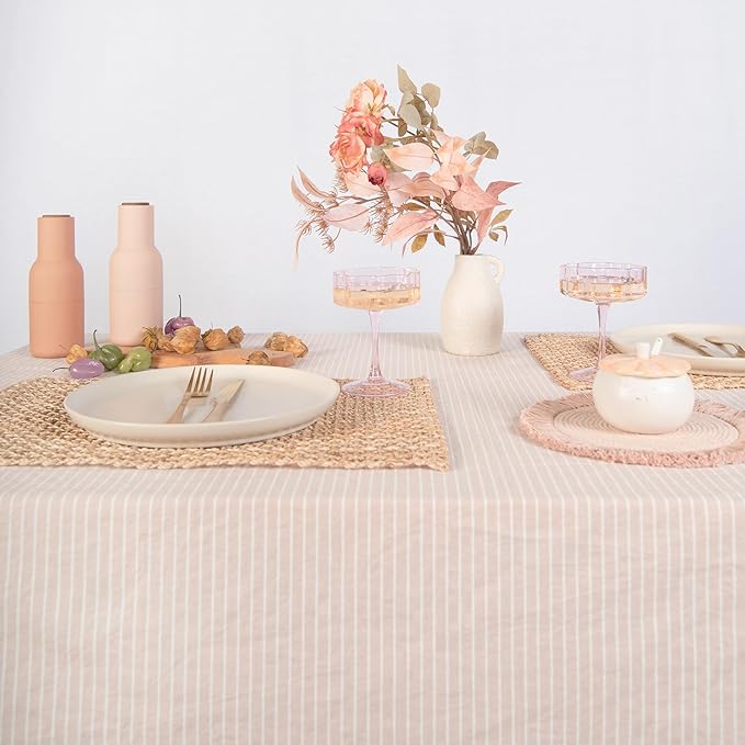 MONDAY MOOSE Striped Farmhouse Picnic Style Decoration Rectangle Natural Stonewashed Cotton Tablecloth for Kitchen, Dining Room, Restaurant (55x70 inch, Beige/White Stripes)