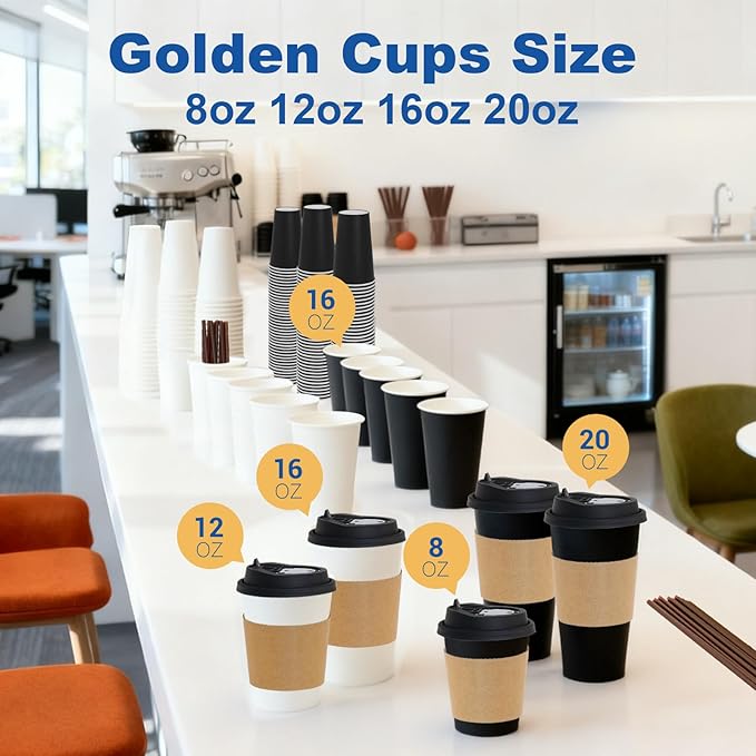 16 oz 300 Pack Coffee Cups with Lids and Sleeves, Straws, Hot Disposable To Go Travel Paper Cups Bulk for Office, Home Coffee Bar Accessories, Chocolate, Cocoa, Beverage (White)