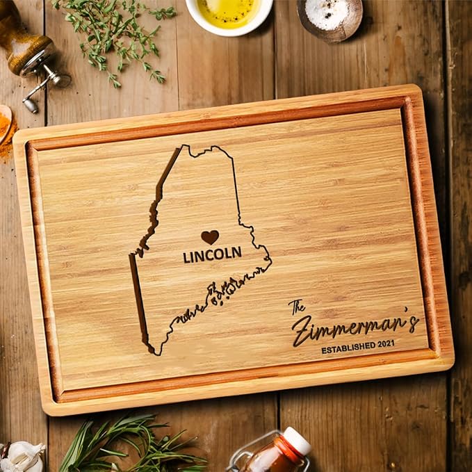 Maine Cutting Board Personalized - Bamboo State Destination Kitchen Gifts, Custom Maine Themed Gifts, Best Housewarming Gifts, Unique Wooden Decor