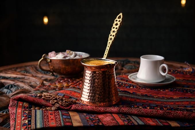 MEYA Handcrafted Copper Turkish Coffee Pot 260 ml | Stove Top Cezve for Coffee, Milk, Butter & Chocolate | Fast Even Heating | Wooden Measuring & Stirring Spoons Included (Medium)