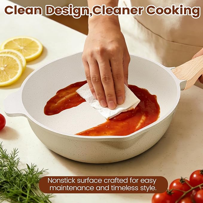 AOSION 27PCS Pots and Pans Set, Nonstick Ceramic Cookware Set, Healthy Kitchen Cooking Set with Gloves, Apron, Silicone Tools & Pot Protectors, Oven & Dishwasher Safe, PFOA/PFOS Free，Ivory