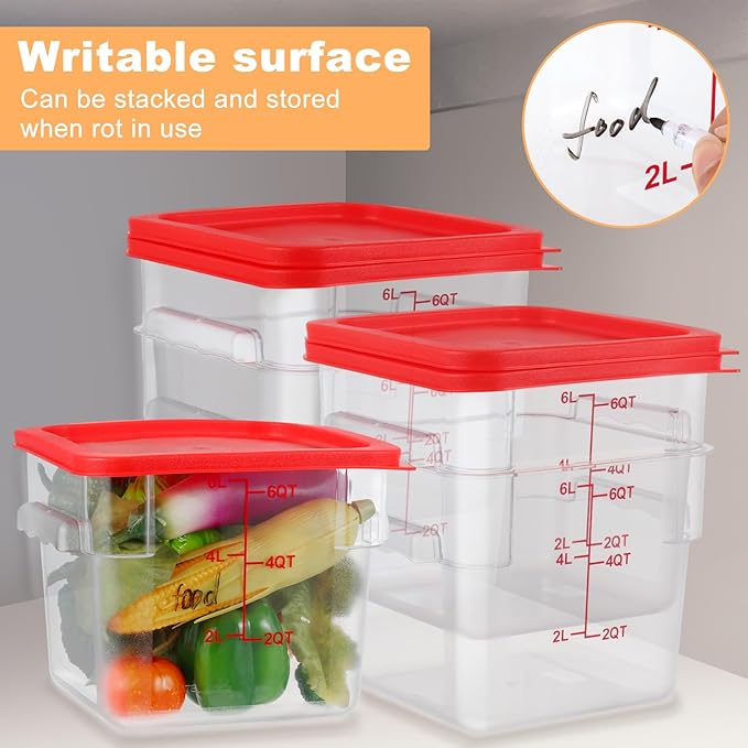 3 Sets 6 Qt Square Food Storage Containers with Lids Dough Proofing Bucket Commercial Polycarbonate Containers with Scale Clear Airtight Cereal for Pantry Home Restaurant (Red)