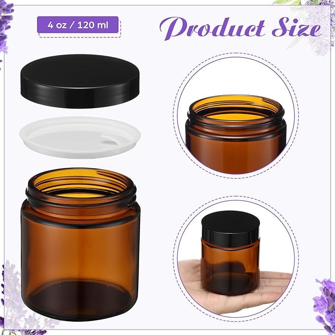 48 Pcs 4 oz Glass Jars with Lids, Clear Candle Jars with Black Lids Round Empty Candles Container Tins Candle Making Storing Lotions Spice Powder Liquid Sample Makeup (Amber)