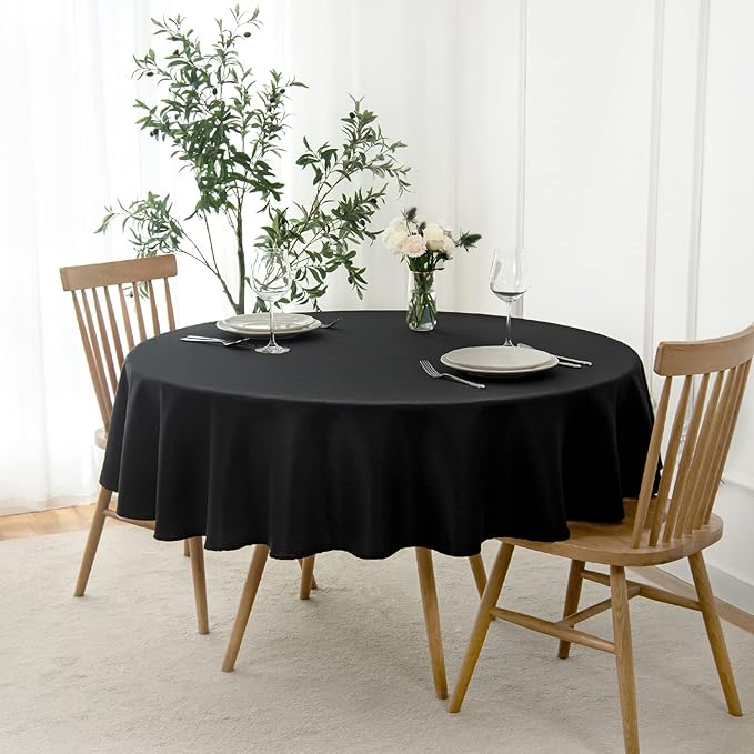 maxmill Round Linen Looking Textured Tablecloth Spill-Proof Wrinkle Free Soft Jacquard Table Cloth for Circular Table Cover, for Dining Room Buffet Banquet Parties Holiday Dinner, 70 Inch Black