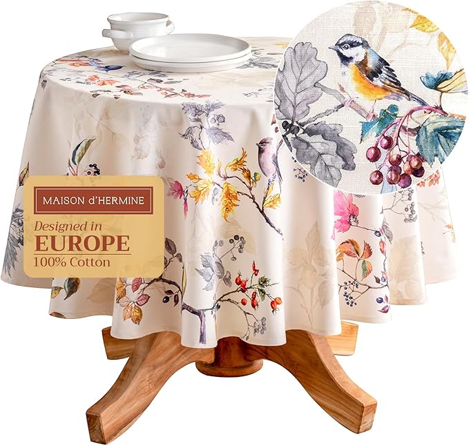 Maison d' Hermine Table Cloth Round Table 100% Cotton 69 Inches Fall Tablecloth Reusable Everyday Use for Thanksgiving Christmas Decorations Dining Farmhouse Party (Equinoxe - Beige)