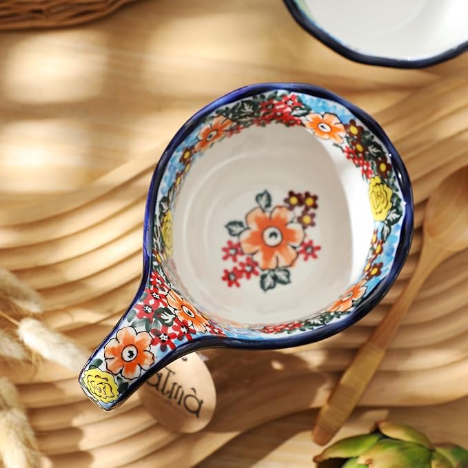 ALMA Handpainted Soup Bowl with Handle, 18.6oz Ceramic Cereal Bowl, Microwave &Dishwasher Safe,Loop Handle Bowl Great for Soup, Chili, Stew, Ice cream
