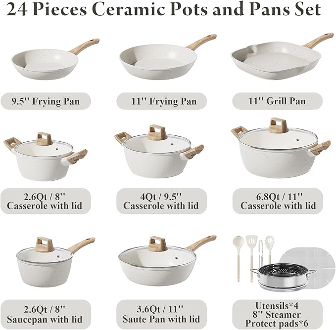 24 Pcs Pots and Pans Set, Non Stick Ceramic Cookware Set with 3 Stockpots, Healthy Non-Toxic, Large Capacity, Induction Compatible, PFAS/PTFE/PFOA Free, Cream White