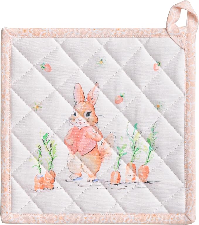 Maison d' Hermine Pot Holders 100% Cotton Heat Resistant Potholders 8" x 8" Hot Pads with Loop BBQ, Cooking, Baking, Grilling, Kitchen, Handling Hot Pans Spring/Summer (Pack of 1, Bunny Party)