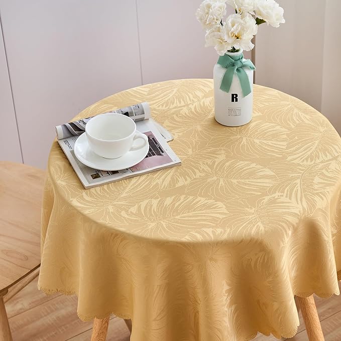 Square Tablecloth Small Table Cloths 36x36 Inch Up to 22" Tables Leaves Pattern Scalloped Edge Waterproof Jacquard Nightstand End Table Cover for Coffee Teapoy Table Room Decor (Golden)