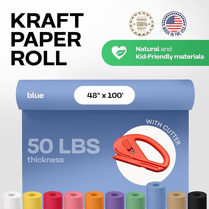 Blue Kraft Paper Roll 48" x 1200" (100 feet) with Cutter - USA-Made Gift Wrapping Paper for Packing, Moving, Shipping & Crafts/Arts - 100% Recyclable Natural Craft Material by IDL Packaging