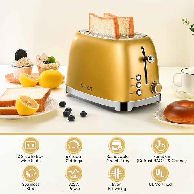 Gold 2 Slice Toaster, Wide Slot Stainless Steel, 6 Shade Settings, Bagel, Defrost & Cancel Functions, Removable Crumb Tray, Different Toast Sizes, Cord Wrap, 825w