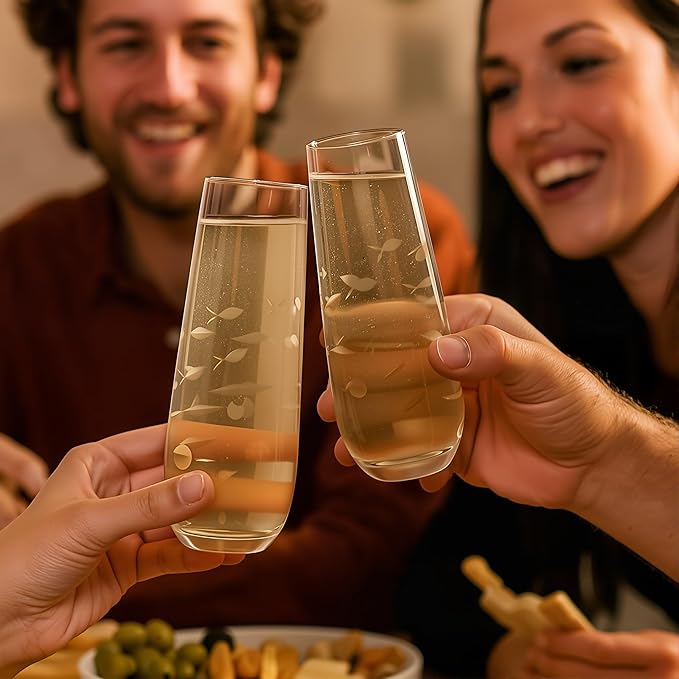 SHOSHIN Stemless Champagne Glasses Set of 4 – 9.5oz Lead-Free Crystal Flutes with Elegant Fish Pattern, Perfect for Parties and Weddings, Dishwasher Safe