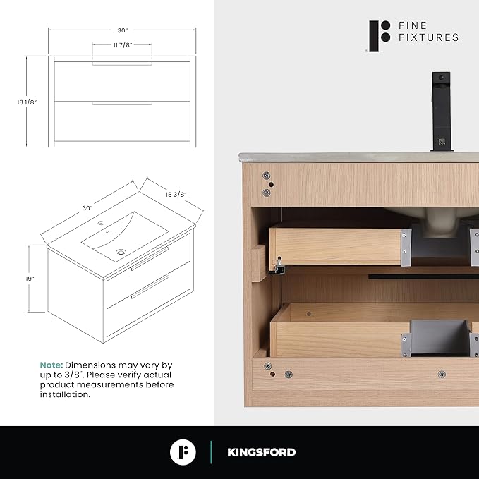 Fine Fixtures Kingsford Modern 30 Inch Bathroom Vanity with Sink, White Oak Finish, Elegant Bathroom Vanities for Modern Homes, Stylish Storage Solutions for Bathrooms