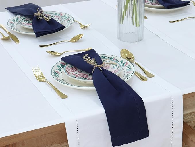 PurpleEssences Set of 12 Hemstitch Cloth Dinner Napkins 100% Cotton - Soft Durable Washable - Ideal for Wedding Christmas Holiday Winter - Perfect Everyday Use Table Linen 18x18 - Navy Blue
