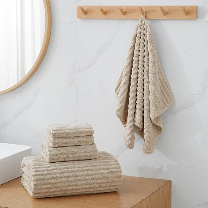 6-Piece Bath Towel Set(30"x60"), 2 Large Bath Towel Sheets, 2 Hand Towels and 2 Washcloths - Highly Absorbent Quick Dry Microfiber,Ultra Soft Towel Set for Bathroom (Beige)