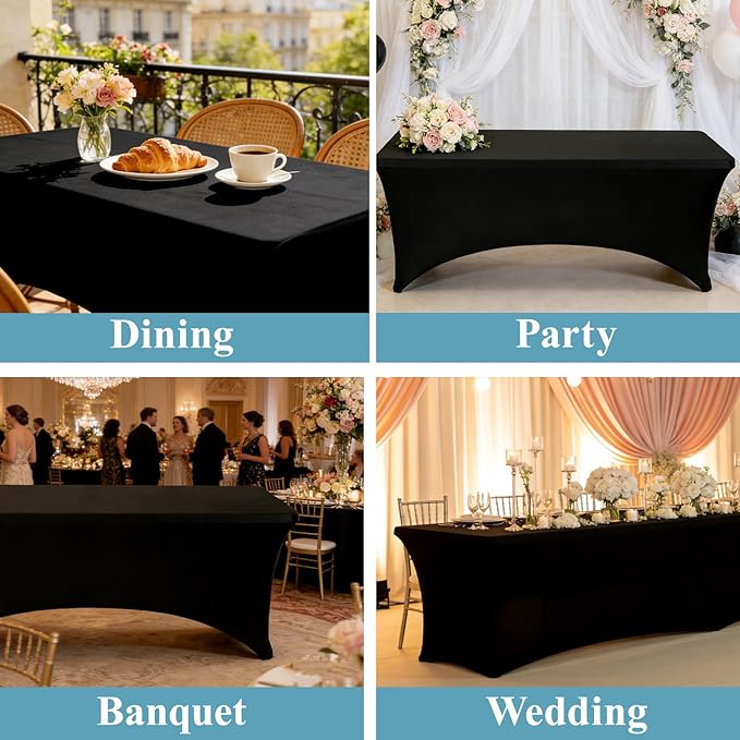 VidaFete Spandex Tablecloth 6 Pack 8FT, Fitted Stretch Table Cover for Rectangle Tables, Wrinkle Resistant and Washable Tablecloths for Outdoor, Picnic, Party, Wedding, Banquet, Birthday, Black