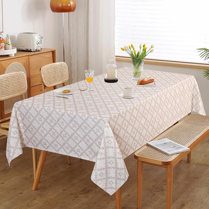 MYSKY HOME Checkered Rectangle Tablecloth 60x102 Inches - Linen Farmhouse Tablecloth Waterproof Decorative Fabric Table Cloth for 6 Feet Table, Kitchen Dining and Outdoor Use, Brown