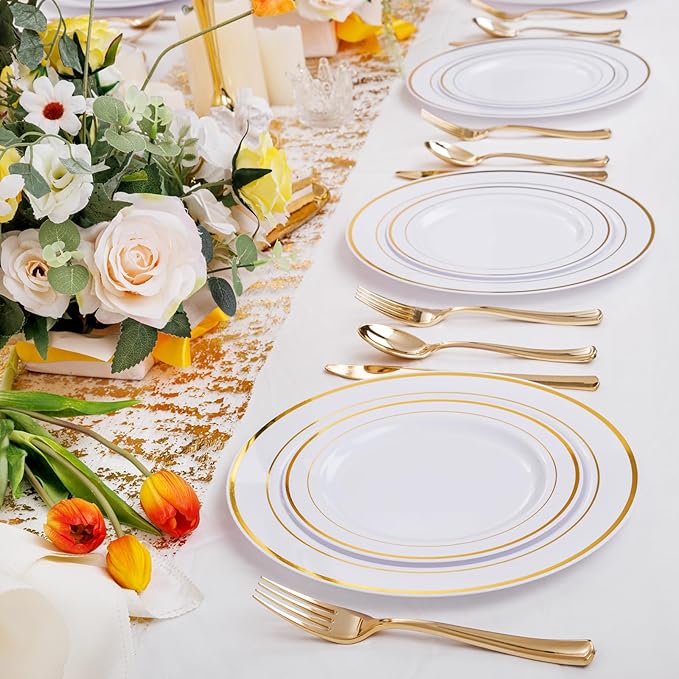 I00000 60 Pieces Gold Plastic Plates, Heavy Duty White and Gold Plastic Plates for 30 Guests Include: 30 Gold Rim Dinner Plates and 30 Gold Dessert Plates Perfect for Wedding & Party