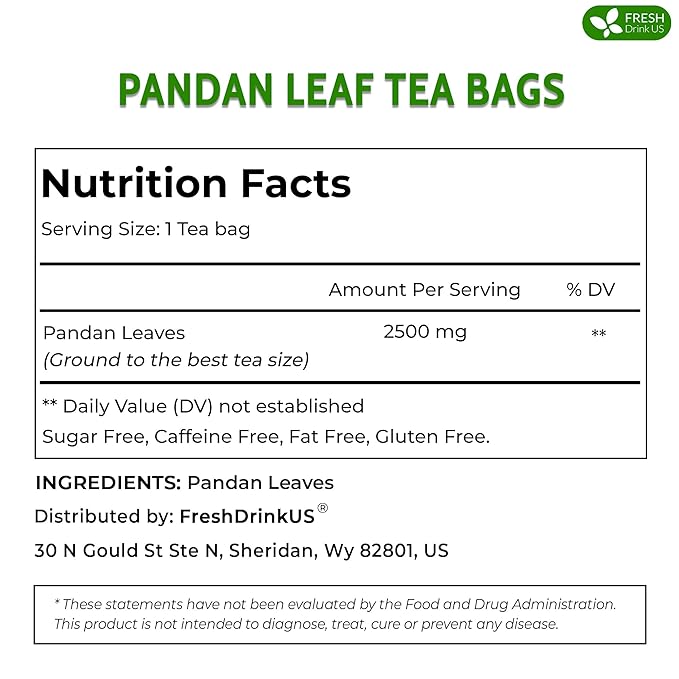 FreshDrinkUS, Premium 15 Pandan Leaf Tea Bags, 100% Natural & Pure from Pandan Leaves. Loose Leaf Pandan Herbal Tea. Made with Natural Material Tea Bags. No Sugar, No Caffeine, No Gluten, Vegan. (15 Tea bags)