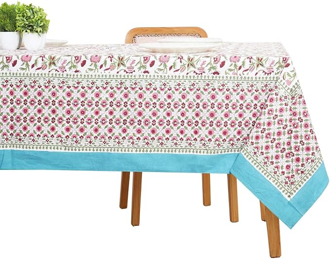Handblock Print Cotton Tablecloth – 60x60 Square Table Cover 4 Seats – Indian Block Printed Floral Dining Table Linen – Boho Washable Cloth for Kitchen, Party, Outdoor, Pink