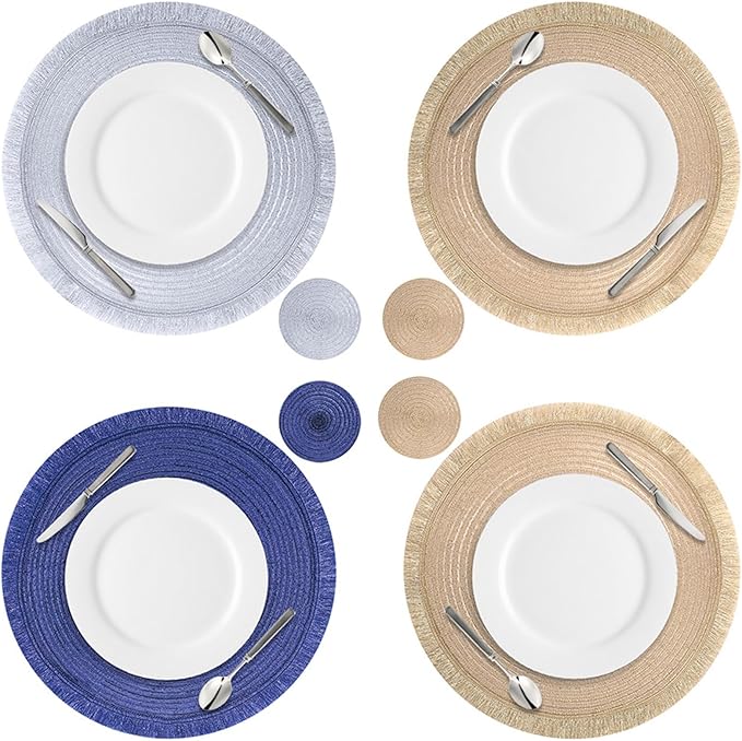 Tassels Round Placemats Set of 4 Braided Boho Mandala 35CM Circle Table Placemats with Coasters for Wedding Holiday Party Decor(Gold,4 Set)