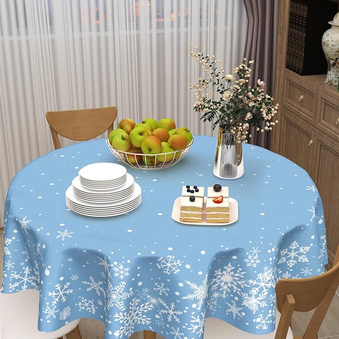 Winter Tablecloth Round 70 Inch Blue Christmas Snowflake Table Cloth Round Blue and White Xmas Holiday Table Cover for Kitchen Dinner Home Decor