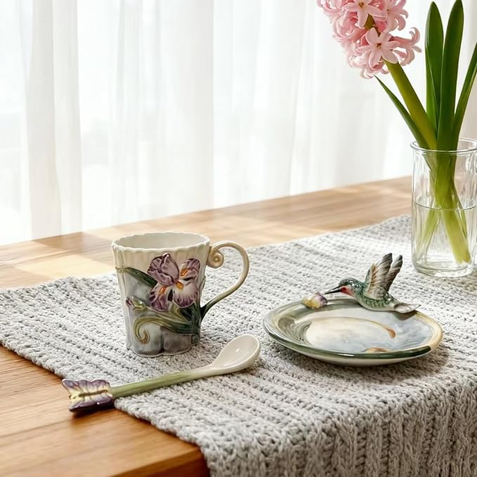 Ceramic Tea Cup and Saucer Set ，6OZ 3D Hand-painted Hummingbird and Flower Coffee Mug，Gift for Women
