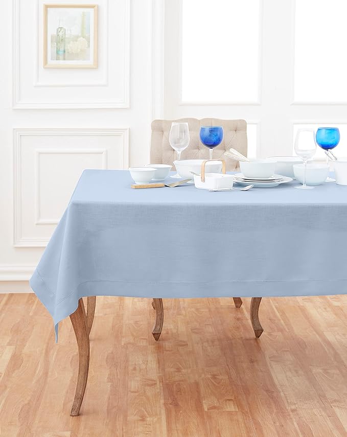 Solino Home Linen Tablecloth 60 x 120 Inch - Classic Hemstitch 100% Pure Linen Sky Blue Table Cloth for Rectangle Tables - Machine Washable Tablecloth for Spring, Easter