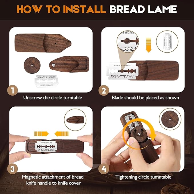 Magnetic Bread Lame Dough Scoring Tool,Lame Bread Tool with Turntable Design,Bread Scoring Knife for Bread Baking & Sourdough Baking,Bread Razor Tool with 5 Razor Blades-Black Walnut Wood