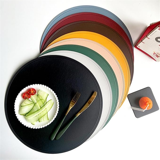 Set of 1/4/6 Round PU Leather Placemats Non-Slip Heat Insulation Tableware Pad for Modern Simple Waterproof Home Table(Y Circle Pink Cream,R 38CM 4pcs)